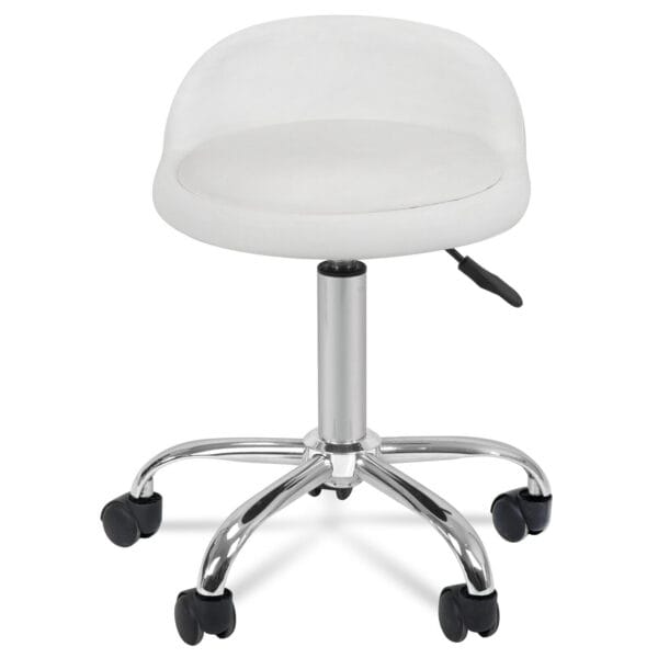 A white stool with casters on a white background.