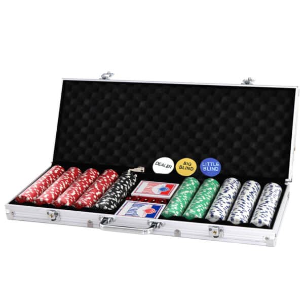 A set of poker chips in a case.