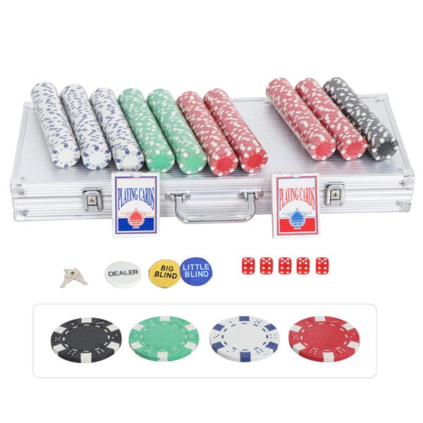 A set of poker chips and dice in a silver case.