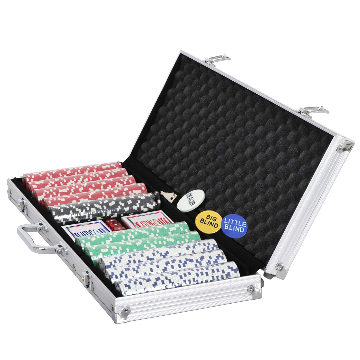 A set of poker chips in a case.