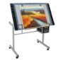 A painting easel on wheels with a painting on it.