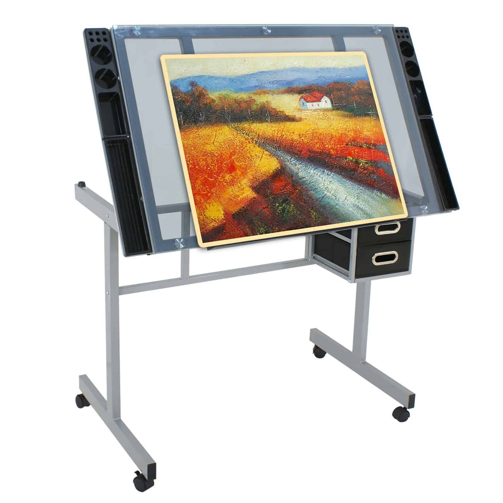 A painting easel on wheels with a painting on it.