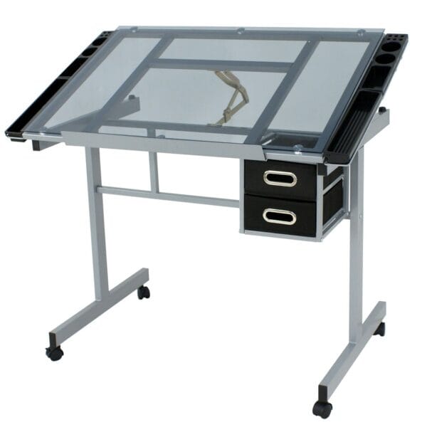 A drafting table with drawers and a glass top.