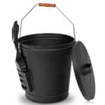 A black bucket with a wooden handle.