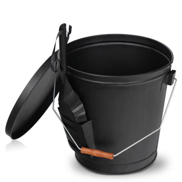 A black bucket with a wooden handle.
