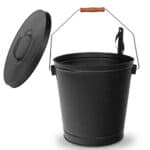 A black bucket with a wooden handle.