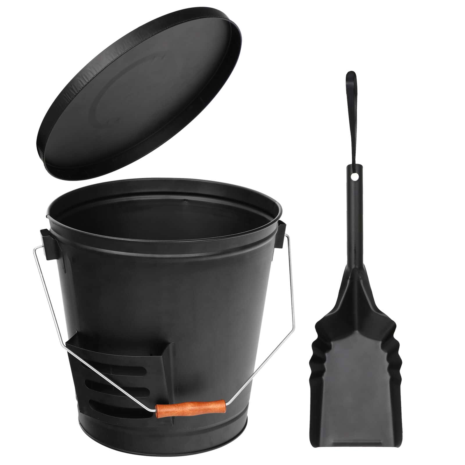 A black bucket with a shovel and a shovel.