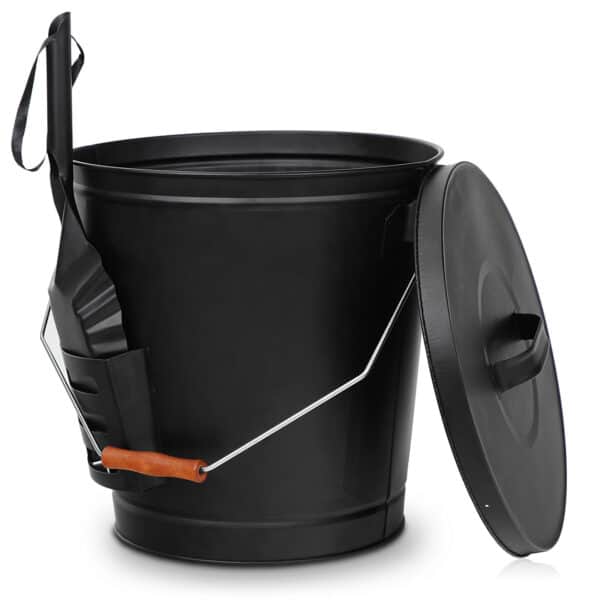A black bucket with a shovel attached to it.