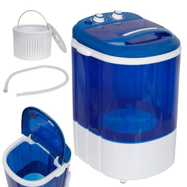 A blue and white washing machine with a basket.