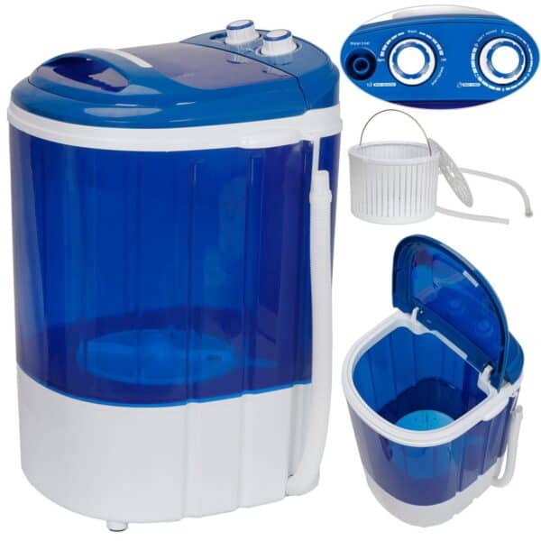 A blue and white washing machine with a lid.