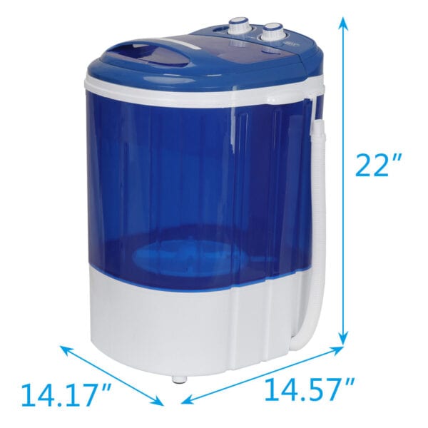 A blue and white washing machine with measurements.
