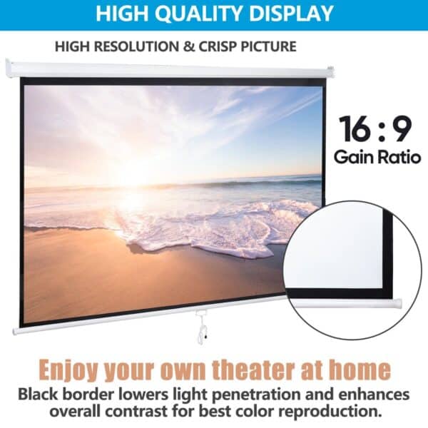 A projector screen with an image of the beach.