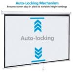 A projector screen with auto locking mechanism.