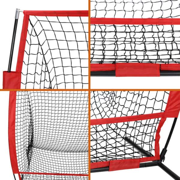 Four different pictures of a baseball net.