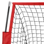 A red and black volleyball net with a black handle.