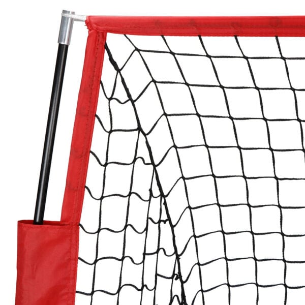 A red and black volleyball net with a black handle.