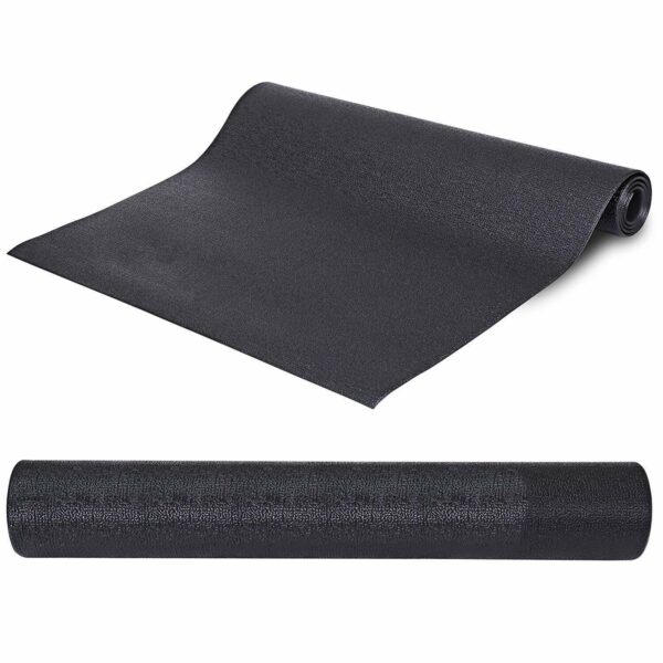 A black yoga mat on a white background.