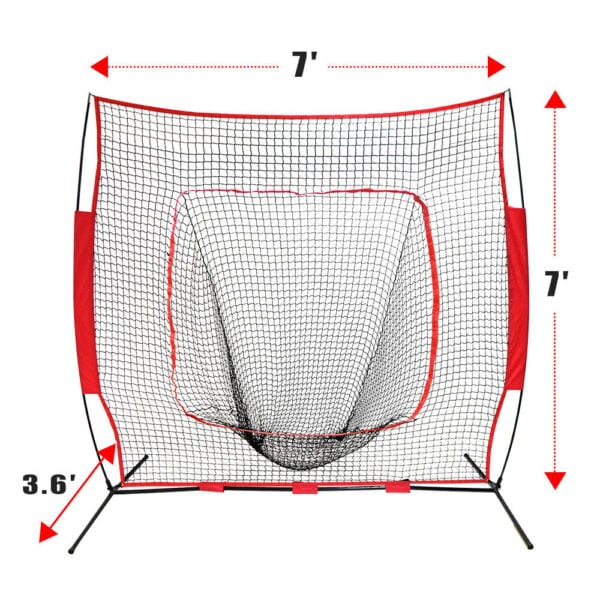A picture of a baseball net with measurements.