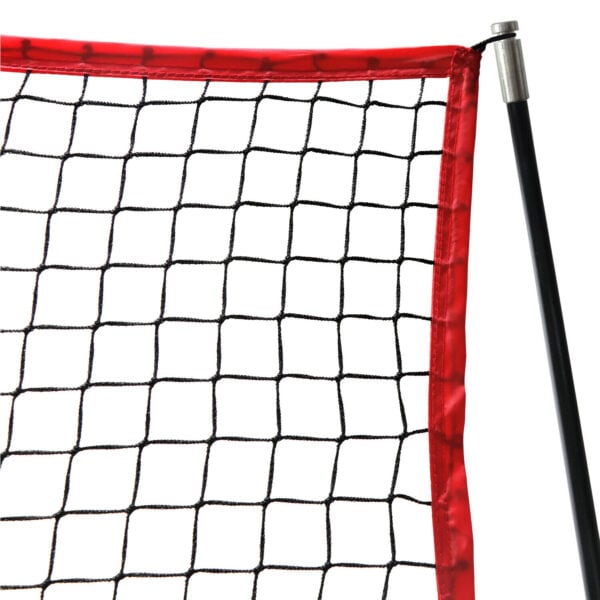 A tennis net with a red and black pole.