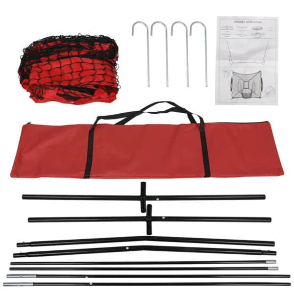 A red bag with a set of tools and a net.
