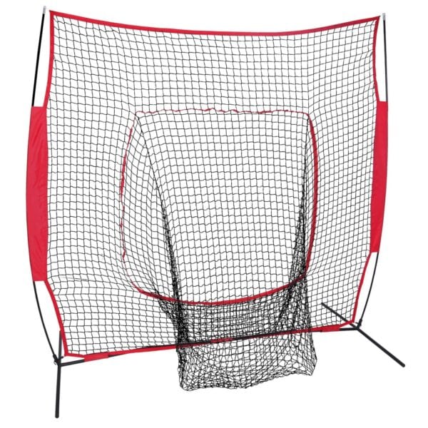 A baseball net with a red and black net.