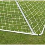 A soccer goal on a grass field.