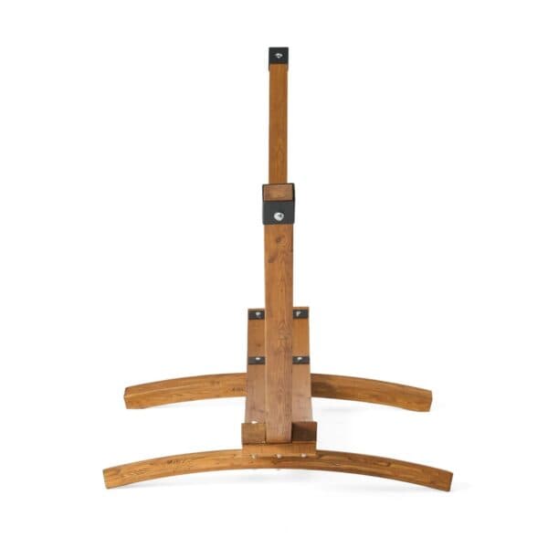 A wooden easel on a white background.