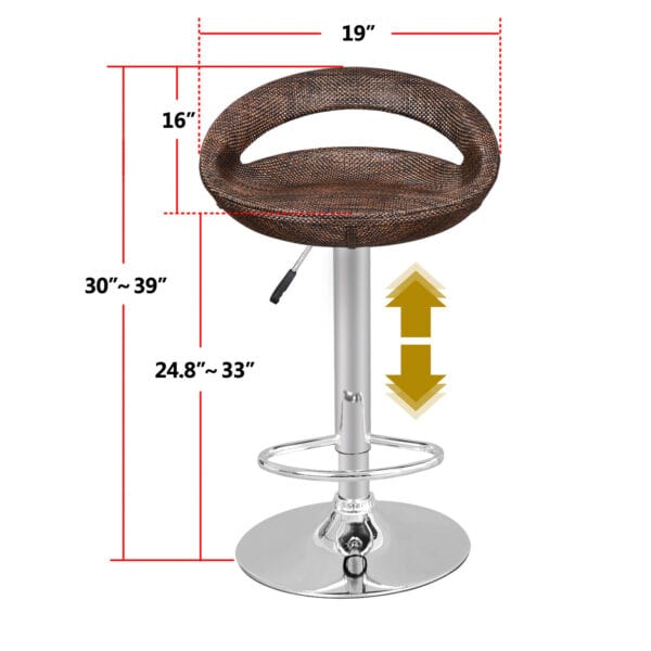 The measurements of a bar stool with a wooden seat.