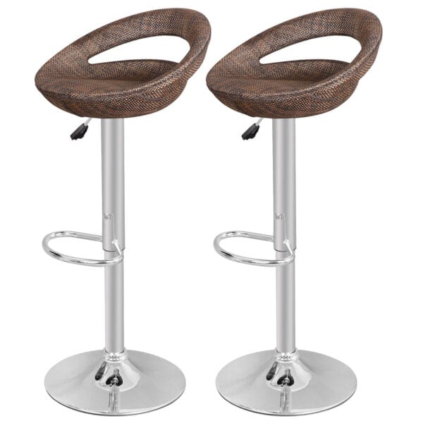 Two wooden bar stools on a white background.