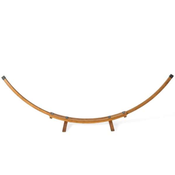 A wooden hammock stand with a black base.