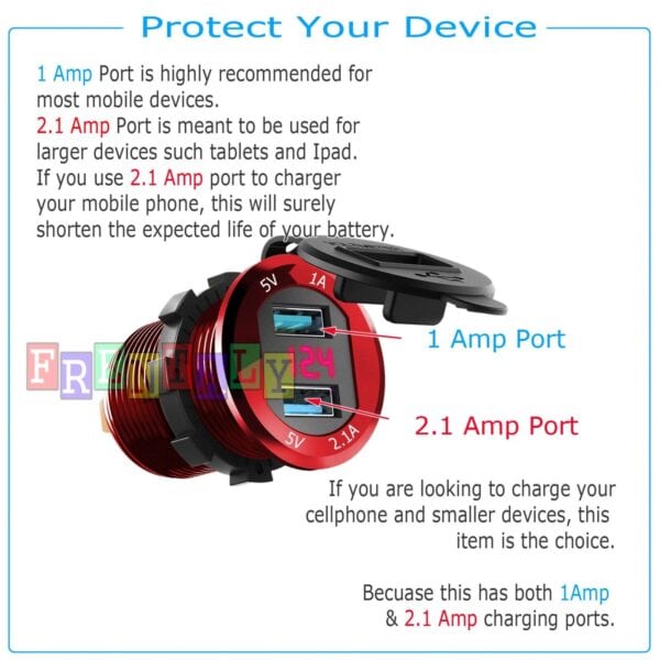 A red car charger with instructions on how to protect your device.