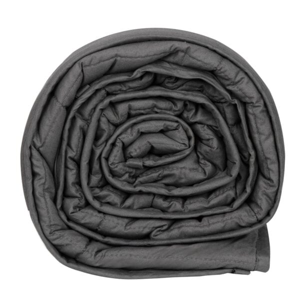 A black rolled up blanket on a white background.