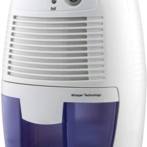 A white and blue dehumidifier on a white background.