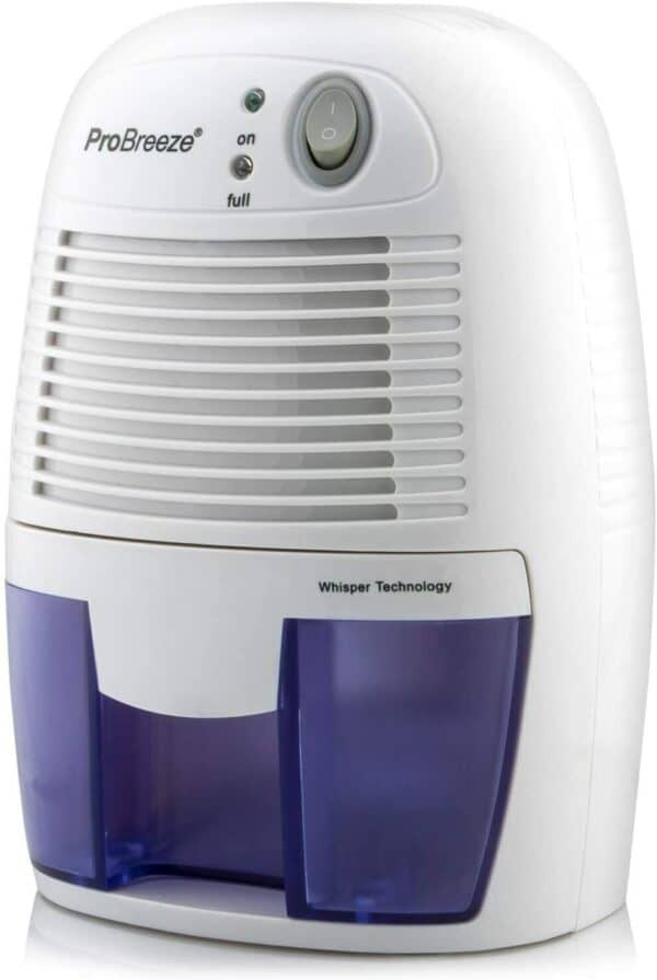 A white and blue dehumidifier on a white background.