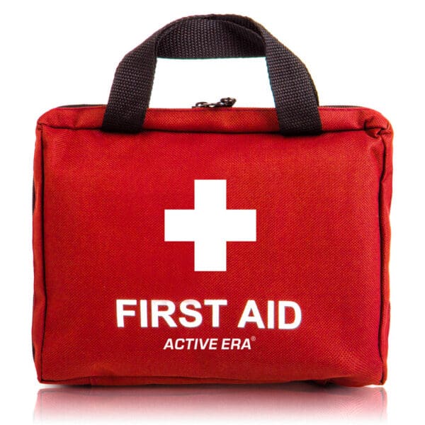 A red first aid kit on a white background.