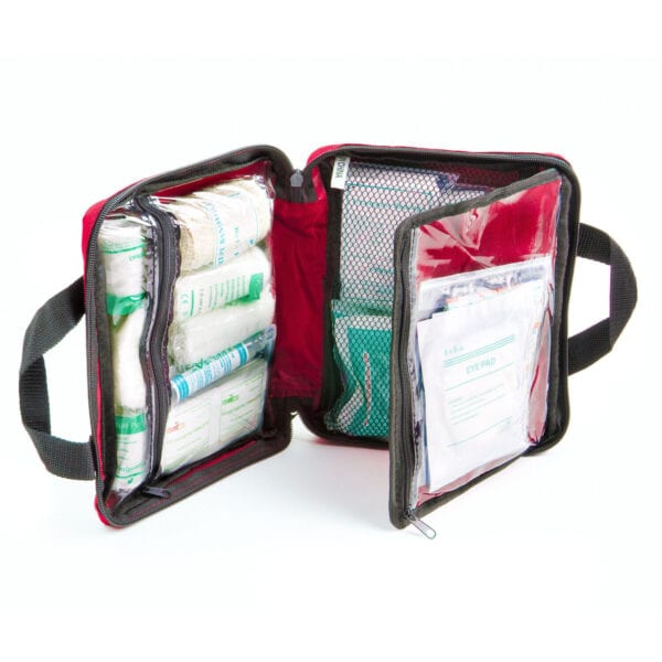 A first aid kit with several items inside.