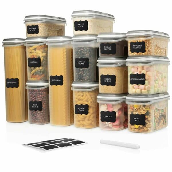 A set of food storage containers with labels on them.
