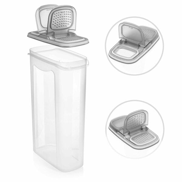 A plastic container with a lid and a grater.