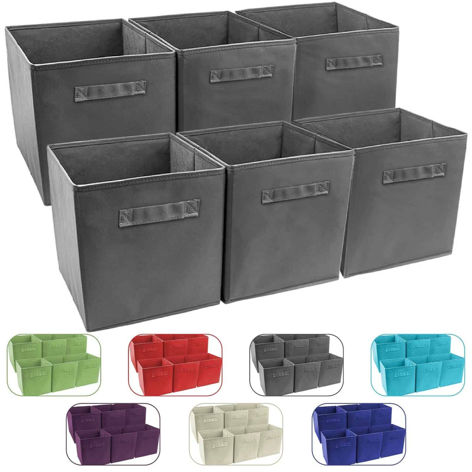 A set of six storage bins in different colors.
