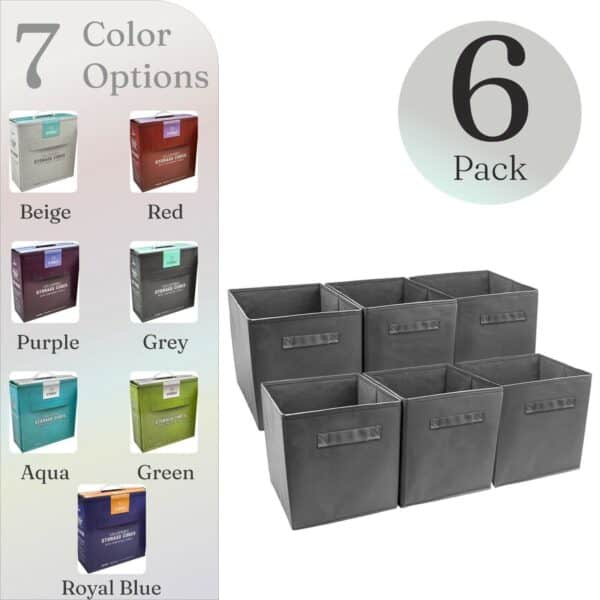 A set of storage bins with different color options.