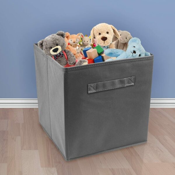 A gray toy storage bin filled with stuffed animals.