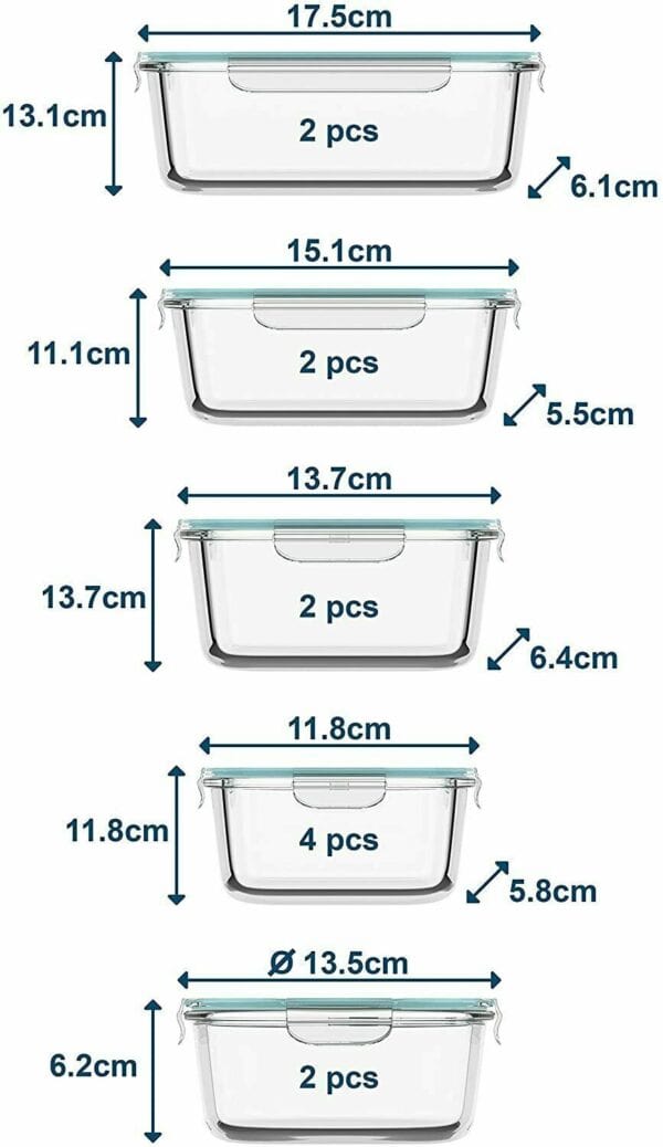 A set of measurements for a set of glass storage containers.
