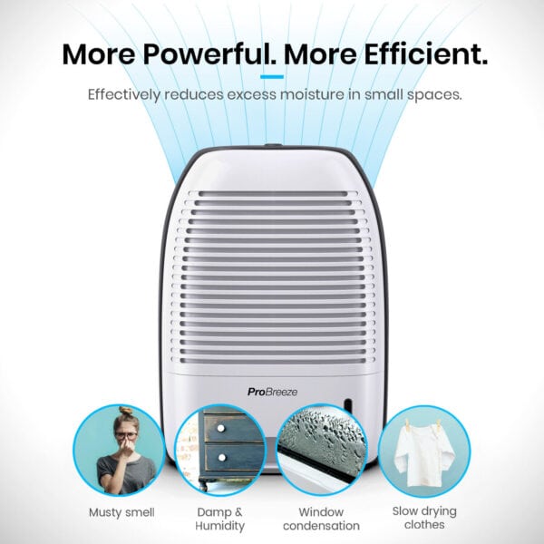 A picture of a dehumidifier with the words more powerful more efficient.