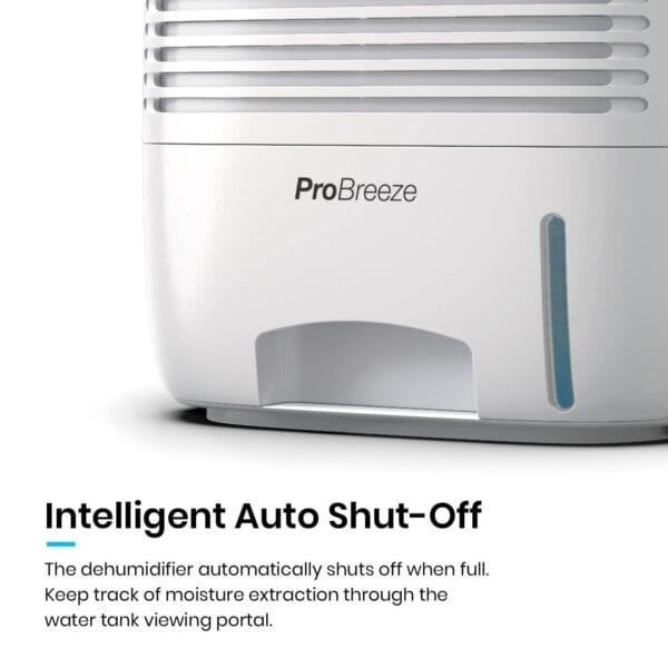 A dehumidifier with the words intelligent auto shut off.