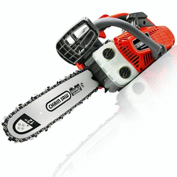 A chainsaw on a white background.