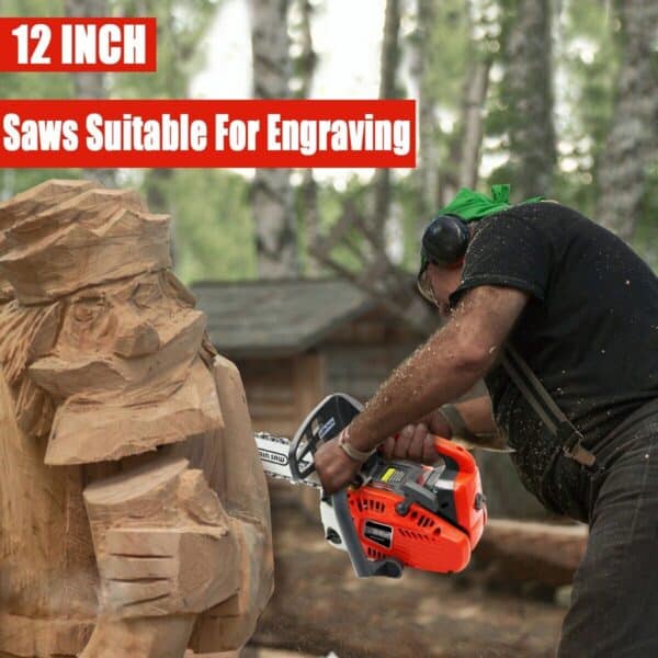 A man is using a chainsaw to carve a wooden sculpture.