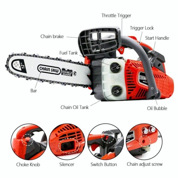 A black and decker chainsaw with all of its parts.