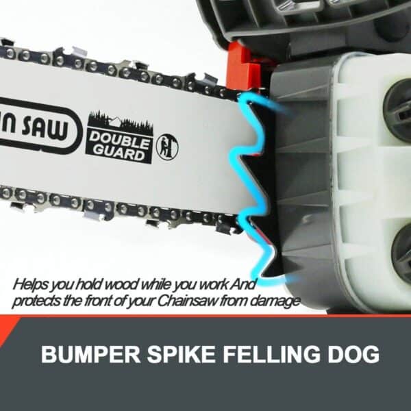 A chainsaw with the words'bumper spike falling dog'.