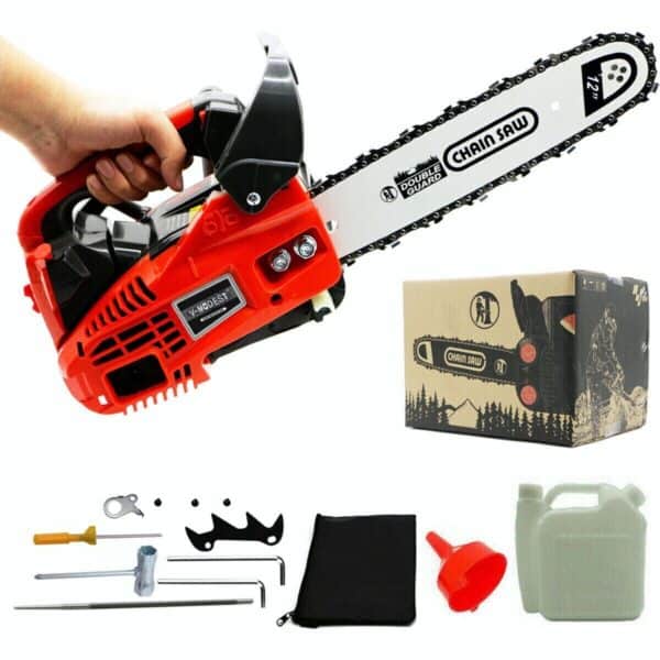 A person is holding a chainsaw and other items.