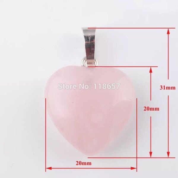 A pink heart shaped pendant with measurements.